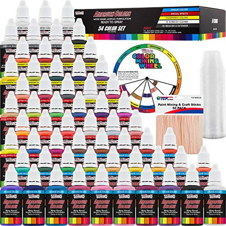 U.S. Art Supply 54 Color Ultimate Acrylic Airbrush, Leather & Shoe Paint Set with Cleaner, Thinner, 50-Plastic Mixing Cups, 50-Wooden Mix Sticks and U.S. Art Supply