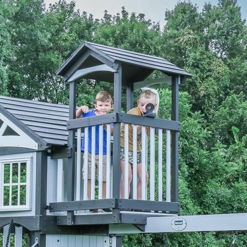 Backyard Discovery Whispering Point All Cedar Wooden Swing Set, Raised Club House, Grey Wave Slide, Web Swing, Climbing Wall, 2 Belt Swings, Crow's Backyard Discovery