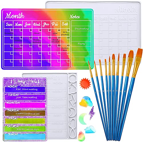 Resin Moulds with Paint Brush, FineGood Calendar Resin Moulds Silicone Resin Kit Month Week Planner Silicone Moulds for Resin Casting FineGood