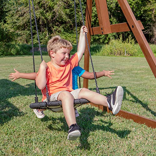 Backyard Discovery Skyfort All Cedar Swing Set, Elevated Covered Wood Roof Clubhouse with Bay Windows, 2 Belt Swings, Web Swing, 10ft Wave Slide, 5