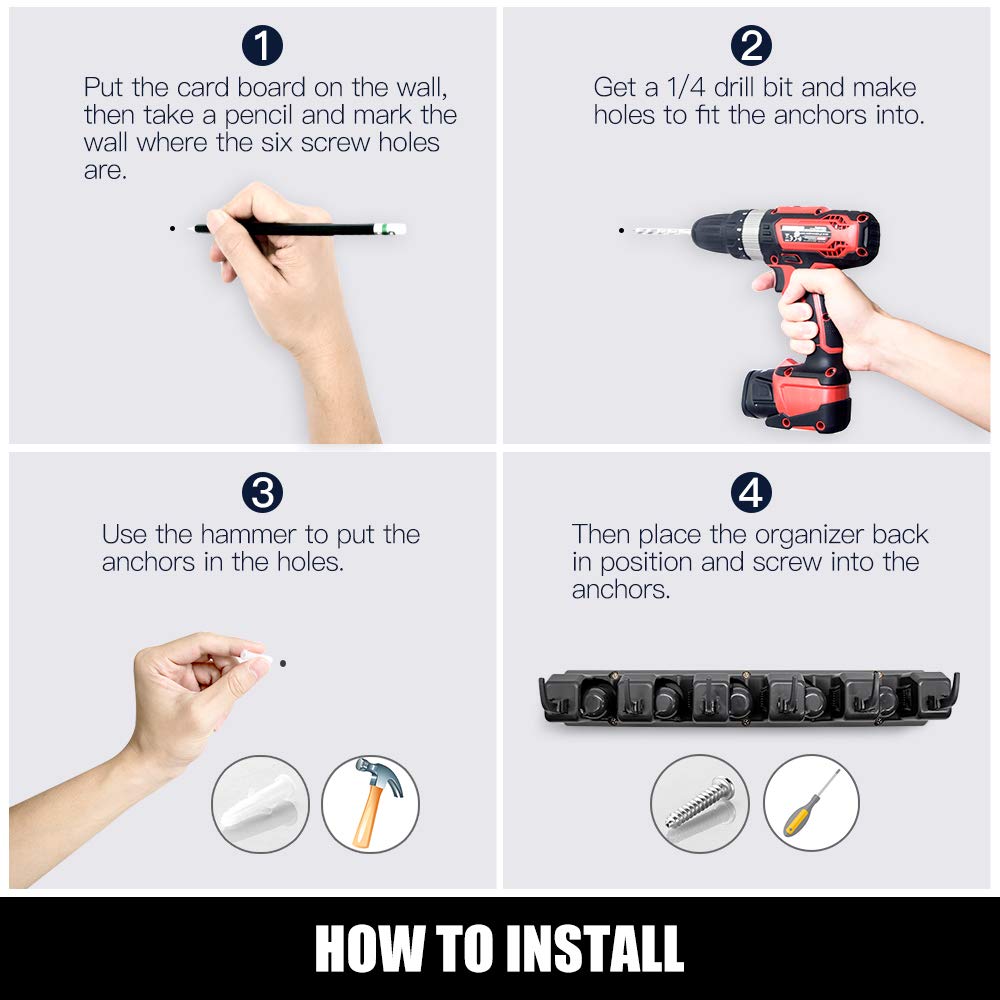 IMILLET 2 Pack Mop and Broom Holder, Wall Mounted Organizer Mop and Broom Storage Tool Rack with 5 Ball Slots and 6 Hooks (Black) IMILLET