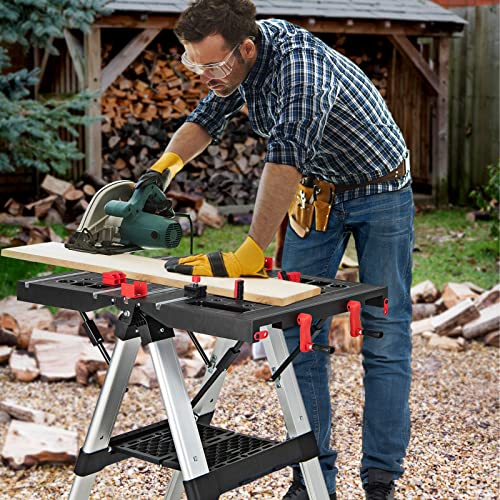 Goplus Portable Workbench, Folding Work Table & Sawhorse with Adjustable Height, 440LBS/1000LBS Capacity, Clamps, 2 x 4 Support Arms, Tool Tray, Goplus