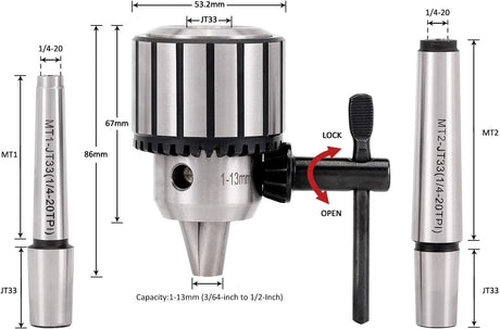 KingTool 4 Pcs Drill Chuck Set - 1/2-Inch Drill Chuck with Chuck Key with #1 (JT33-MT1) and #2 (JT33-MT2) Morse Taper Arbor - WoodArtSupply