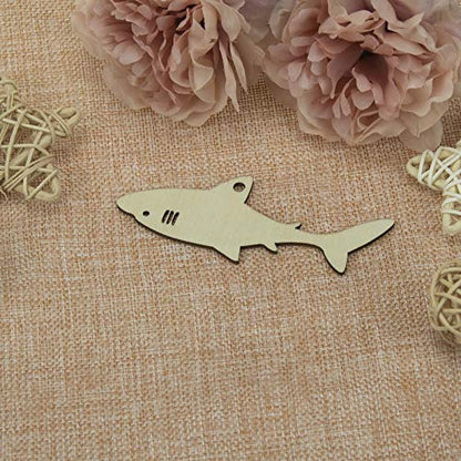 JANOU 20pcs Shark Shape Unfinished Wood Cutouts DIY Crafts Blank Hanging Gift Tags Ornaments with Ropes for Summer Ocean Sea Theme Party Decoration,