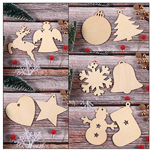 Tatuo 120 Pieces Unfinished Wooden Ornaments Christmas Wood Ornaments Hanging Embellishments Crafts for DIY, Christmas Hanging Decoration in 10 Tatuo