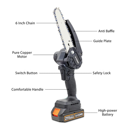 Mini Chainsaw, O-CONN Cordless 6 Inch Handheld Portable Electric Chainsaw with 2 Batteries 2 Chains, 21V Battery Powered with Safety Lock, for Tree - WoodArtSupply