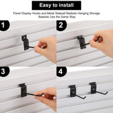 Yaocom 94 Pcs Slatwall Accessory 4 Metal Slatwall Baskets 90 Slatwall Hooks 4'' 6'' 8'' Slat Wall Hooks Hanging Storage Baskets for Shops Rooms Yaocom