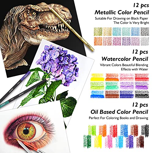 Caliart Drawing Supplies, Art Set Sketching Kit with 100 Sheets 3-Color Sketch Book, Graphite Colored Charcoal Watercolor & Metallic Pencils, Gifts Caliart