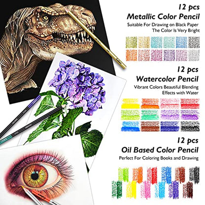 Caliart Drawing Supplies, Art Set Sketching Kit with 100 Sheets 3-Color Sketch Book, Graphite Colored Charcoal Watercolor & Metallic Pencils, Gifts