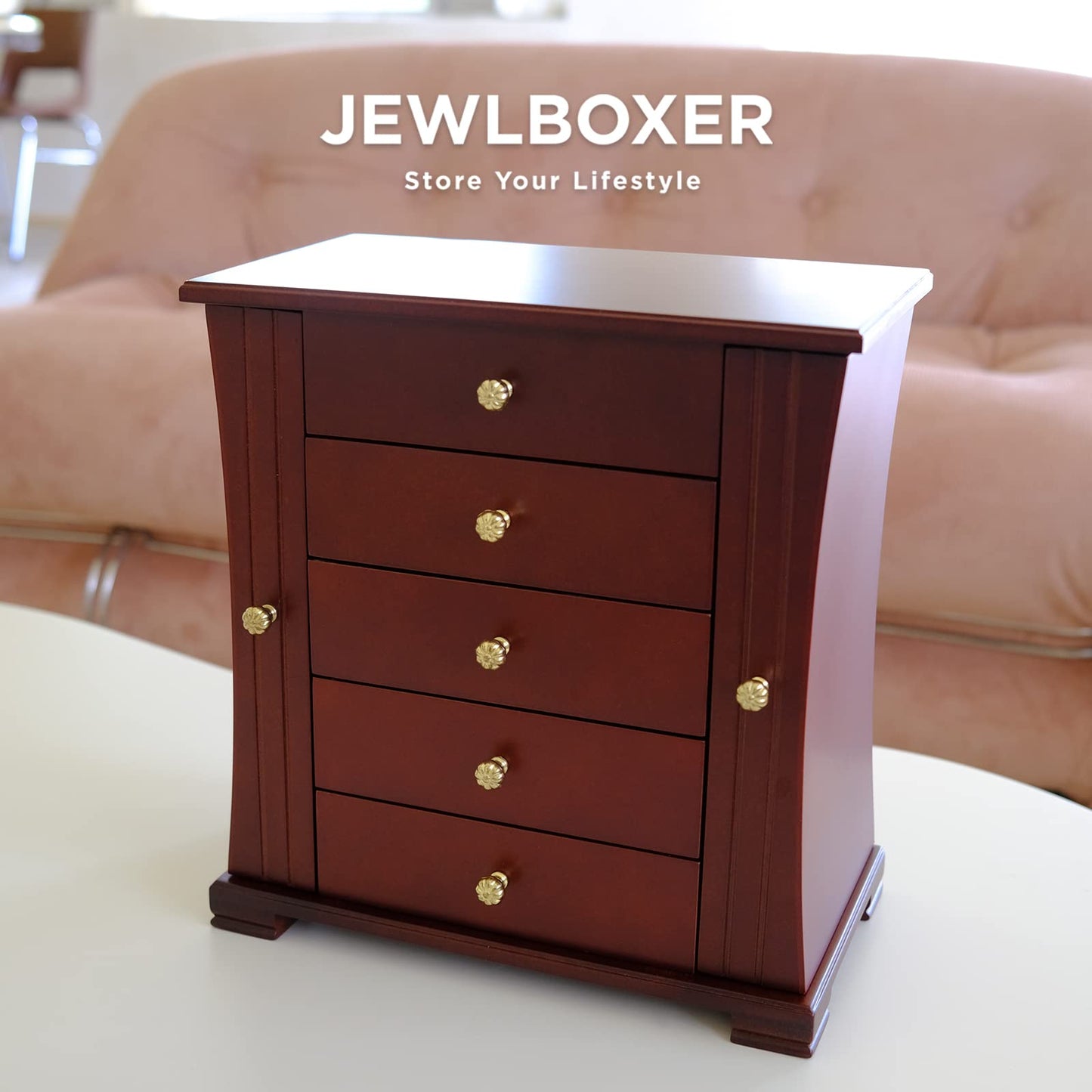 JEWLBOXER Jewelry Organizer –Tower Style Wooden Jewelry Box with 4 Drawers and Large Mirror, Ring, Necklace, and Earring Organizer,brown,walnut