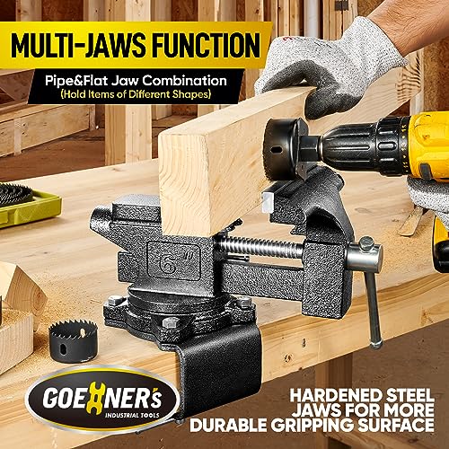 6-Inch Bench Vise, Vice for Workbench with Heavy Duty Forged Steel Construction, Built-in Pipe Jaw and Swivel Base, Table Vise for Woodworking, Home Kitvance