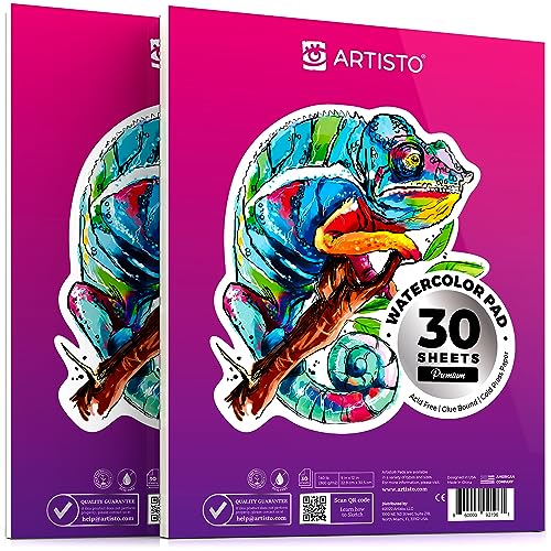 ARTISTO Watercolor Pads 9x12”, Pack of 2 (60 Sheets), Glue Bound, Acid-Free Paper, 140lb (300gsm), Perfect for Most Wet & Dry Media, Ideal for - WoodArtSupply