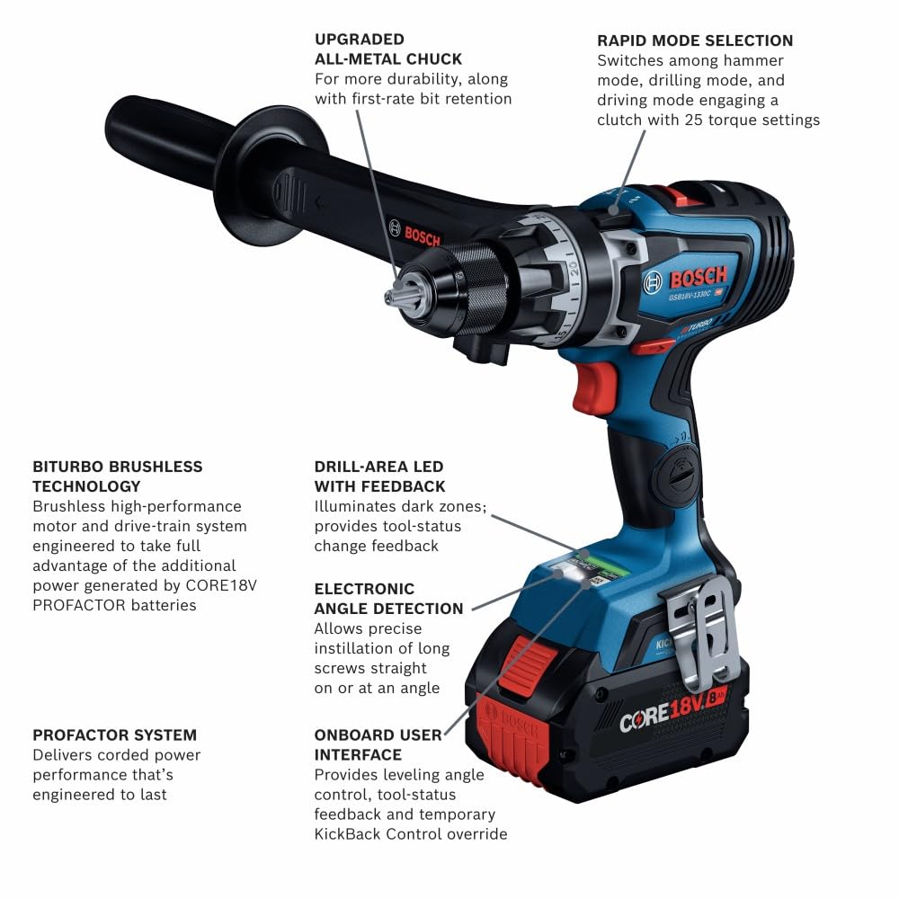 BOSCH GSB18V-1330CB14 PROFACTOR™ 18V Connected-Ready 1/2 In. Hammer Drill/Driver Kit with (1) CORE18V® 8 Ah High Power Battery