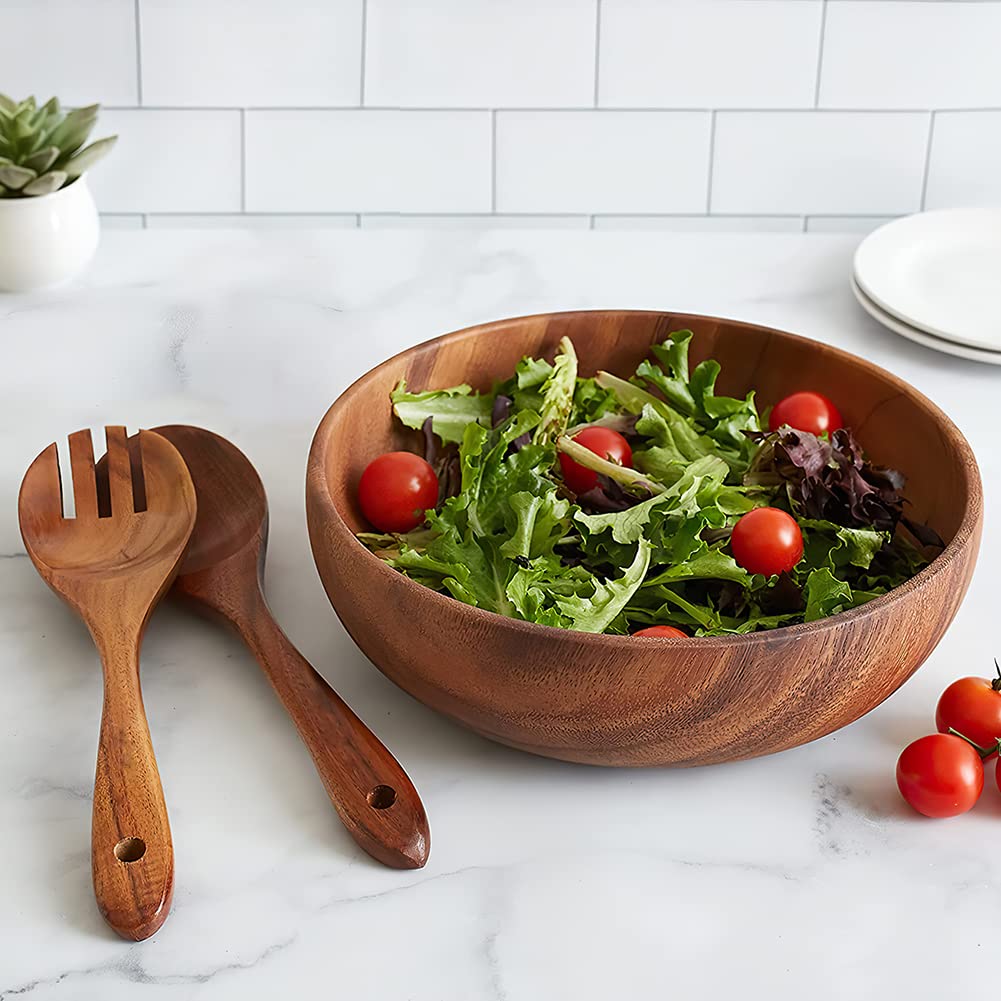 AOOSY Wooden Salad Bowls, Large Acacia Wood Salad Serving Bowl with Serving Tongs, 9.3" D x 2.8" H Round Bowls Set for Mixing Fruits Cereal Pasta AOOSY