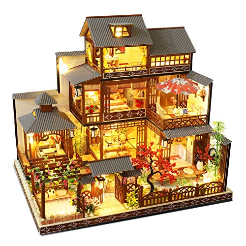 Spilay DIY Dollhouse Miniature with Wooden Furniture,DIY Dollhouse Kit Big Japanese Courtyard Model with LED & Music Box,1:24 Scale Creative Room Spilay