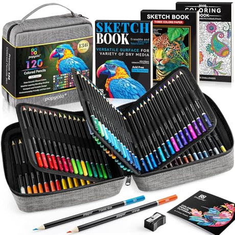 POPYOLA 136 Pack Colored Pencils Set with Portable Gift Case, Art Supplies 120 Colored Pencils, 3-Color Sketch Book, Coloring Book, Sketchbook, POPYOLA
