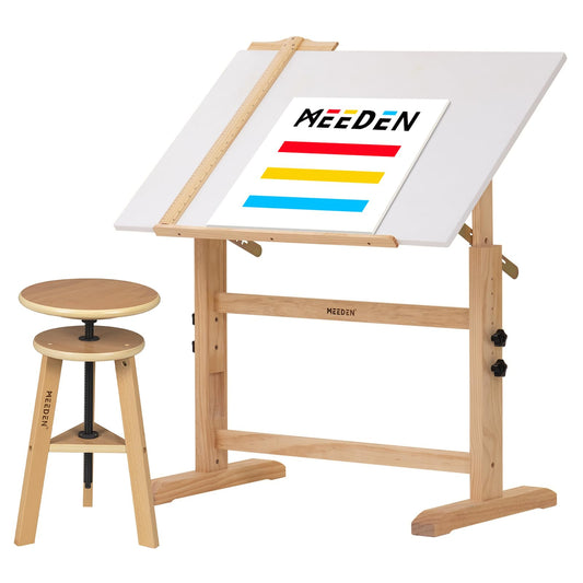 MEEDEN White Board Drafting Table and Stool Set, Height Adjustable Artist Stool and Craft Table, Tiltable Tabletop of Drawing Desk, Wooden Stool,