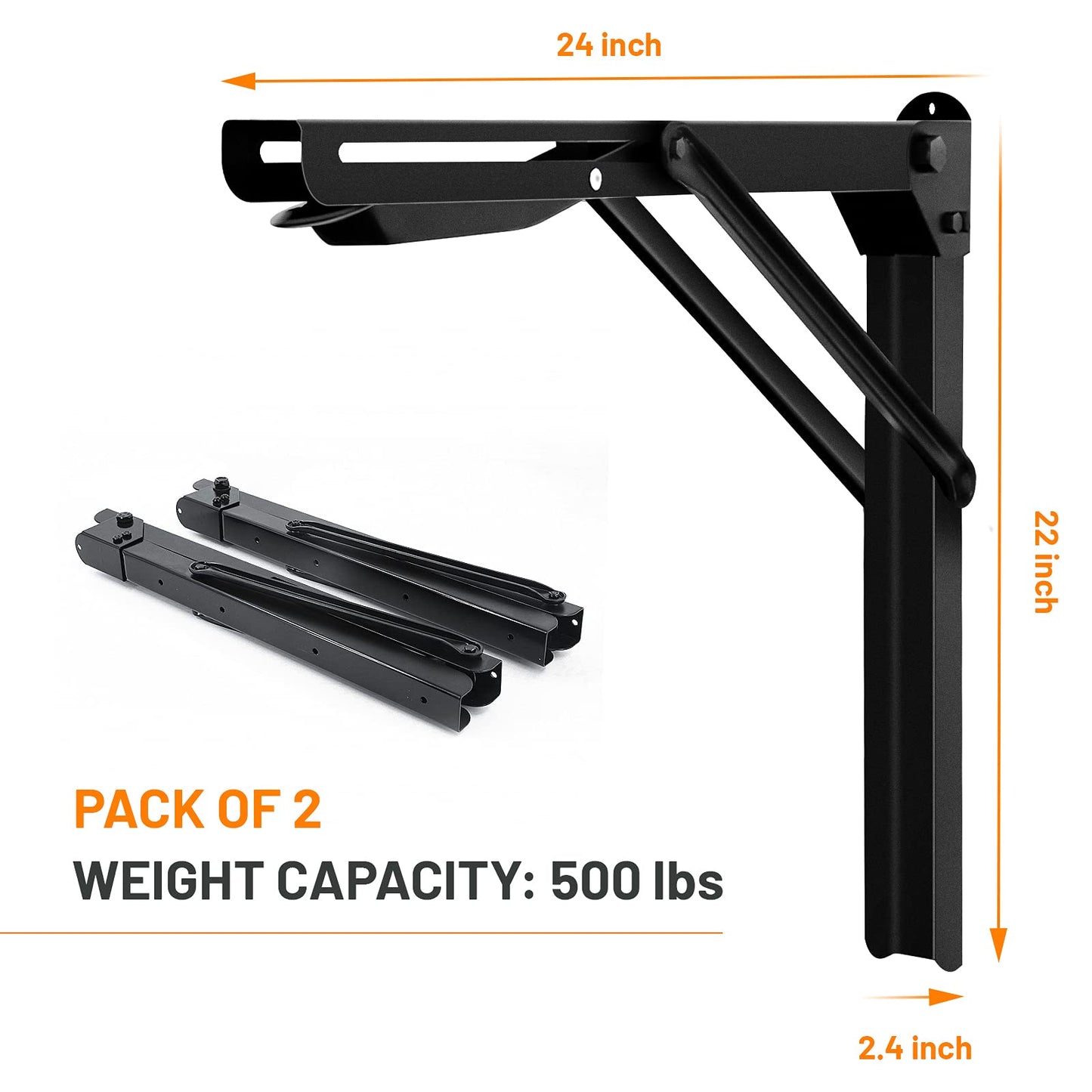 Wallmaster 24inch Folding Shelf Brackets Garage Heavy Duty Steel Max Load 500lb Floating Wall Mounted Collapsible Shelf Bracket Space Saving (Pack of