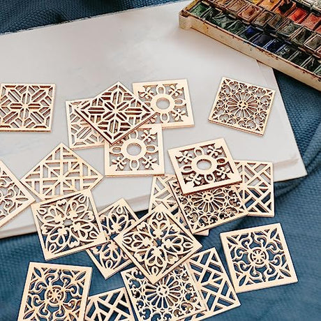 Abaodam 20pcs Unfinished Wooden Pieces Embellishments Boho Flower Wood Cutouts Shapes Wooden Craft Tags with Hemp Rope for DIY Crafts Scrapbooking Abaodam