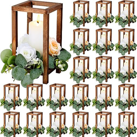 Soaoo 24 Pcs Wooden Candle Lantern Wedding Centerpiece for Table Rustic Wood Lantern Candle Holder Farmhouse Candle Lantern for Christmas Soaoo