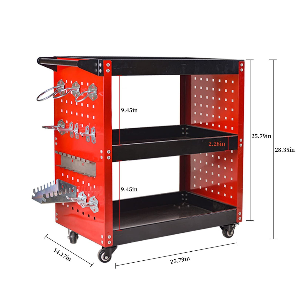 Youthua 3-Tier Rolling Tool Cart, Heavy Duty, 360 Degree Rotating Wheels, 14 Hooks, 300lbs Load Capacity, Red youthua