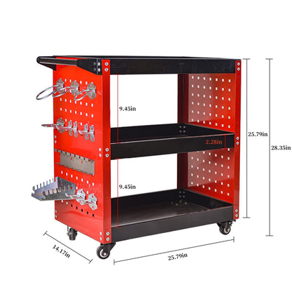 Youthua 3-Tier Rolling Tool Cart, Heavy Duty, 360 Degree Rotating Wheels, 14 Hooks, 300lbs Load Capacity, Red - WoodArtSupply