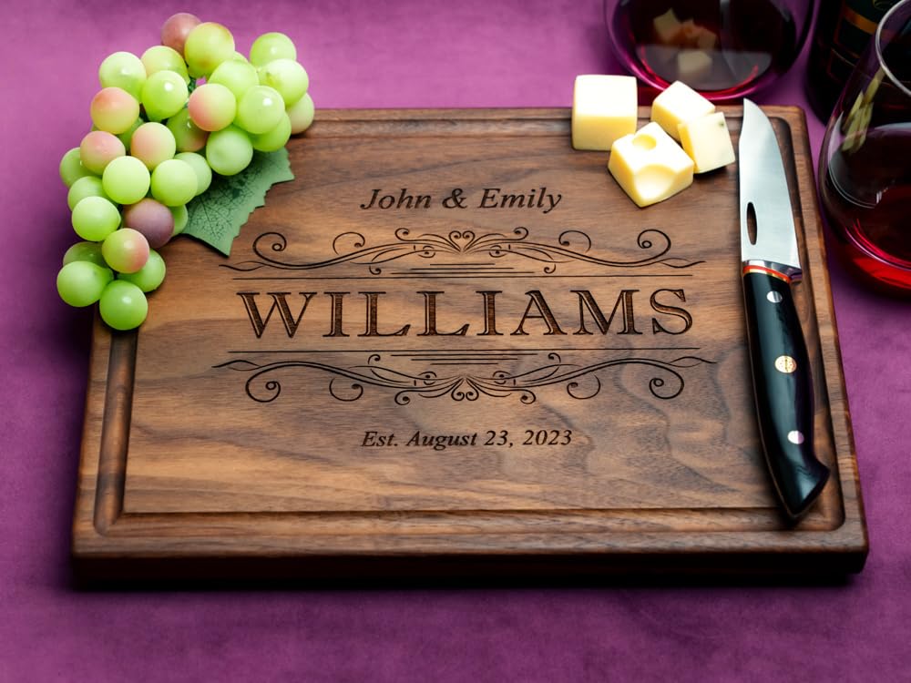 Straga Personalized Cutting Boards | Handmade Wood Engraved Charcuterie | Custom Wedding, Anniversary, Housewarming Gift for Newlyweds (Regal Swirl Straga