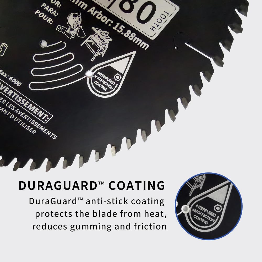 DuraForce 10 Inch 80 Tooth Professional Fine Finish ATB Saw Blade with 5/8 Inch Arbor & DuraGuard Anti-Stick Coating for Miter Saws and Table Saws DuraForce