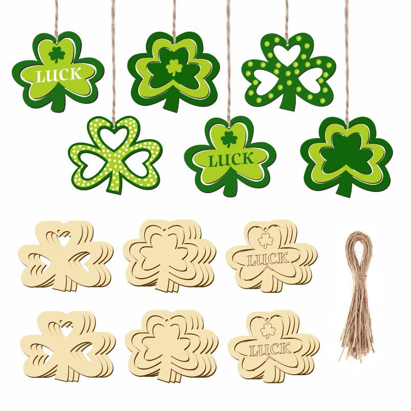 HIPIHOM St. Patrick's Day Shamrock Wooden Ornaments Unfinished Wood Clover Cutouts with Ropes for St. Patrick's Party Tree Table Decorations (30 - WoodArtSupply