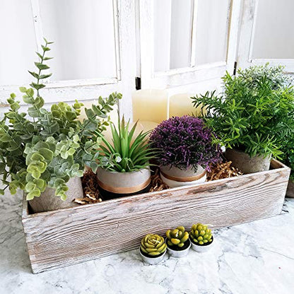 1 Pcs Wood Planter Box Rectangle Whitewashed Wooden Rectangular Planter Decorative Rustic Wooden Box with Inner Plastic Box - 17.3" L x 3.9" W x 3.9"