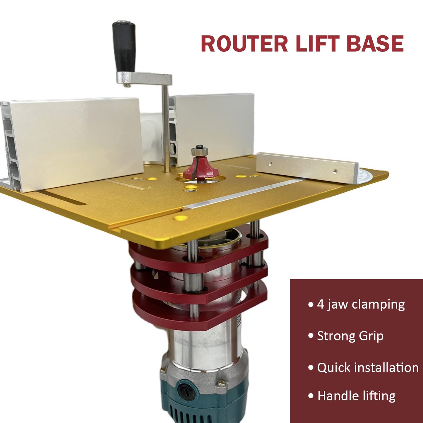 Router Lift, Metal Router Lift System Kit for Router Table Saw Insert Base Plate, 4 Jaw Clamping, Lift Only, No Template Insert Plate