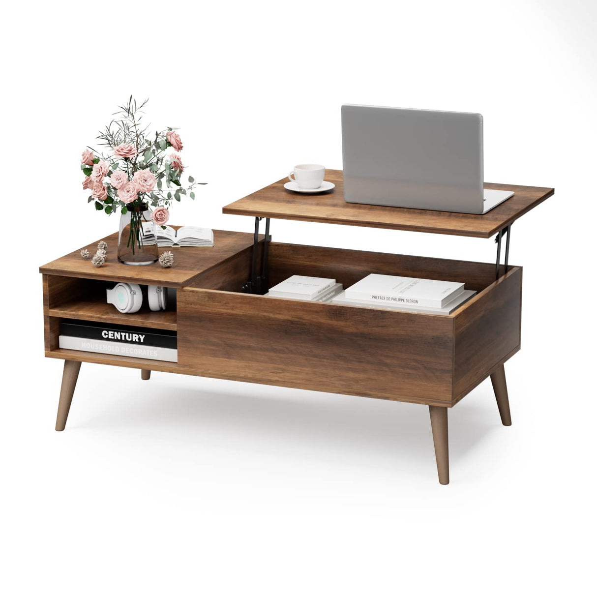 Furmax Lift Top Coffee Table with Adjustable Storage Shelf, Hidden Compartment and Metal Frame, Wood Mid Century Modern / Retro Small Center Table Furmax