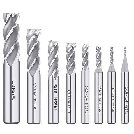 AUTOTOOLHOME 1/8" 3/16" 1/4" 5/16" 3/8" 1/2" high Speed Steel HSS 4 Flute Straight End Mill Cutter 5/32" 1/16" Set of 8 AUTOTOOLHOME