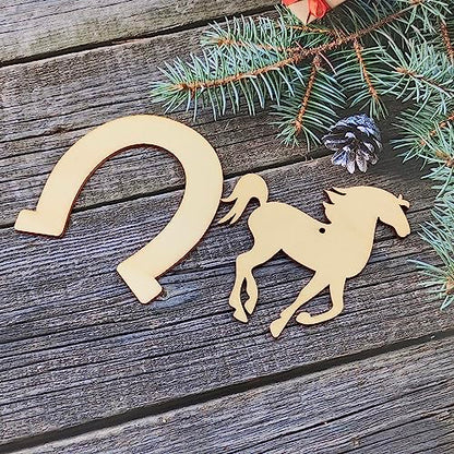 32 Pack Wood Horse & Horseshoe Cutouts Unfinished Wooden Horse & Horseshoe Hanging Ornaments DIY Cowboy Craft Gift Tags for Home Party Decoration