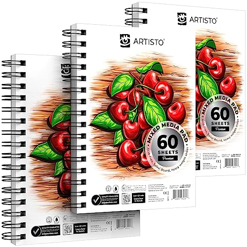 ARTISTO Premium Mixed Media Sketchbooks: Pack of 3 (180 Sheets), 5.5x8.5 inches, 160 GSM, Spiral Bound Sketch Pads, Suitable for a Variety of Wet and - WoodArtSupply