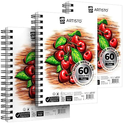 ARTISTO Premium Mixed Media Sketchbooks: Pack of 3 (180 Sheets), 5.5x8.5 inches, 160 GSM, Spiral Bound Sketch Pads, Suitable for a Variety of Wet and - WoodArtSupply