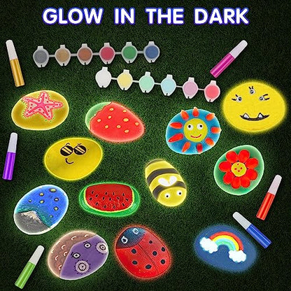 Qtioucp 50Pcs Arts and Crafts Set Painting Kit for Kids with 24 Acrylic Paint Color &12 Glow in The Dark Color, Rock Painting Birthday Christmas