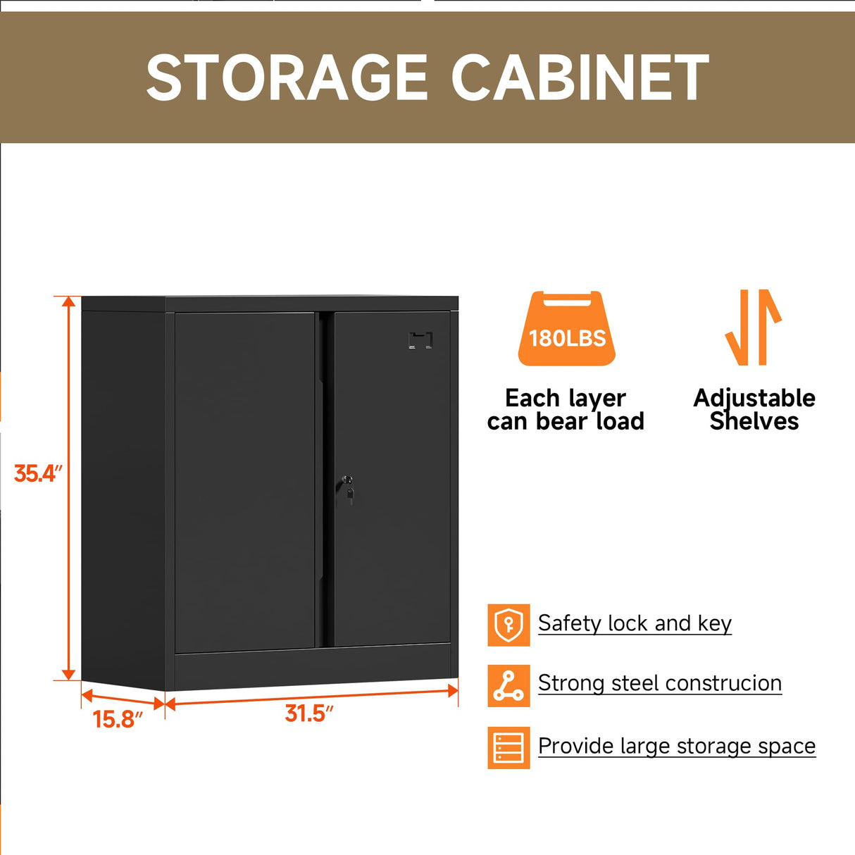 Coolsun Metal Storage Cabinet, Garage Storage Cabinet with Doors and 2 Adjustable Shelves, 36" Black File Cabinet, Locking Cabinet for Coolsun
