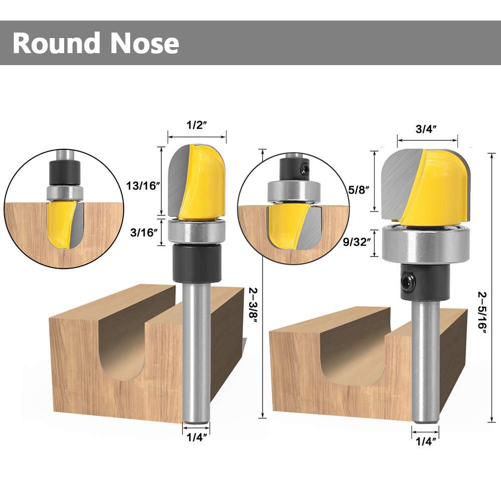 Yakamoz 6Pcs Assorted Edge 1/4 Inch Shank Treatment Grooving Router Bit Set with Bearings Hinge Mortising Flush Trim, Bowl and Tray & V Groove - WoodArtSupply