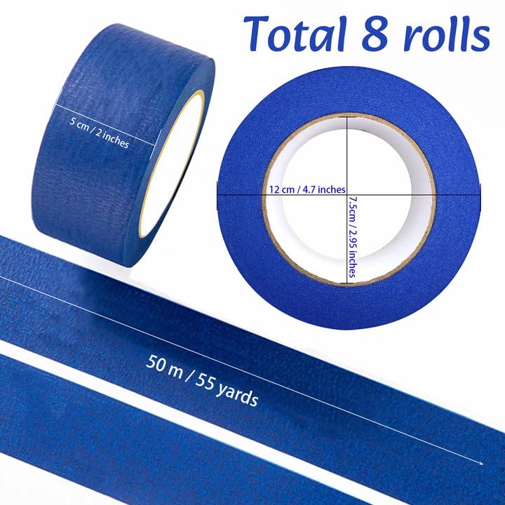 KAKAMINA Painters Tape 2 Inch, 8 Polls Blue Painters Tape, Bulk Masking Tape Blue General Purpose for Arts and Crafts, 2 Inch x 55 Yards (440 Yards KAKAMINA