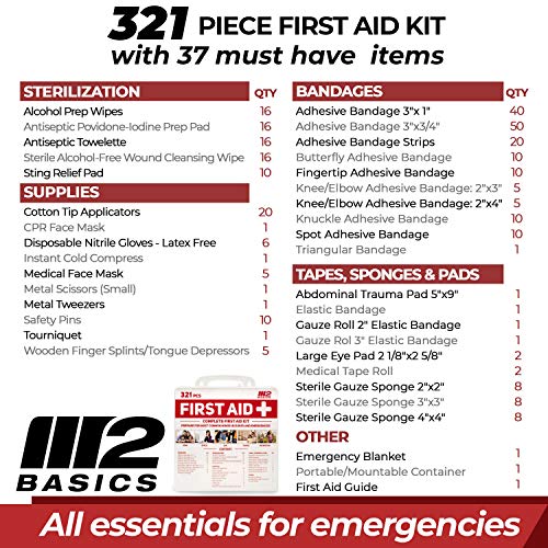 M2 BASICS Complete 321 Piece Emergency First Aid Kit | Business & Home Medical Supplies | Wall Mountable Hard Case | Office, Car, Travel, School, M2 BASICS