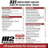 M2 BASICS Complete 321 Piece Emergency First Aid Kit | Business & Home Medical Supplies | Wall Mountable Hard Case | Office, Car, Travel, School, M2 BASICS