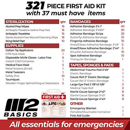 M2 BASICS Complete 321 Piece Emergency First Aid Kit | Business & Home Medical Supplies | Wall Mountable Hard Case | Office, Car, Travel, School, - WoodArtSupply