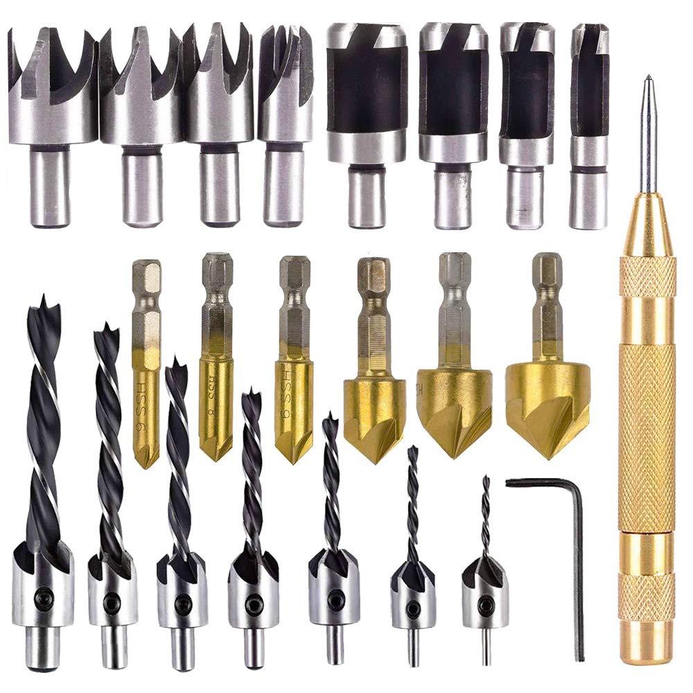 Rocaris 23-Pack Woodworking Chamfer Drilling Tool, 6pcs 1/4" Hex 5 Flute 90 Degree Countersink Drill Bits, 7pcs Three Pointed with L-Wrench, 8PCS