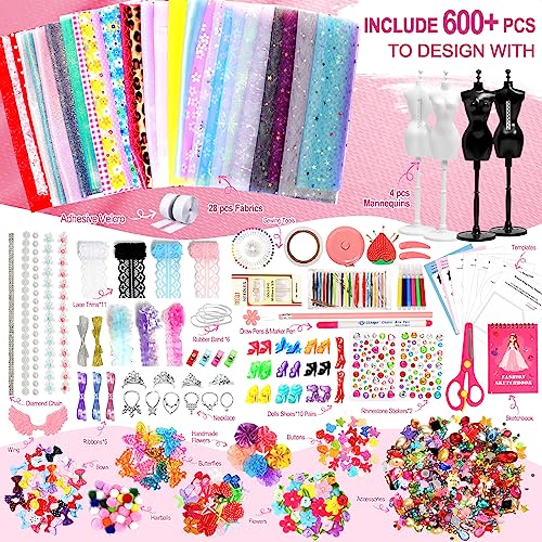 Axirata 600+PCS Fashion Design Kit for Girls Creativity DIY Arts & Crafts Kit for Kids with 4 Mannequins, Fashion Designer Sketchbook, Sewing Kit for - WoodArtSupply