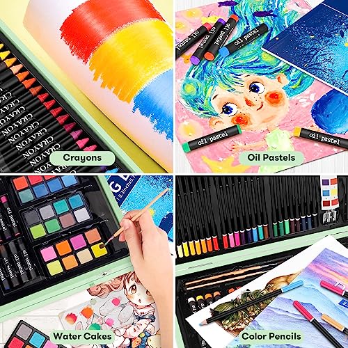 iBayam Art Supplies, 150-Pack Deluxe Wooden Art Set Crafts Drawing Painting Kit with 1 Coloring Book, 2 Sketch Pads, Creative Gift Box for Adults iBayam