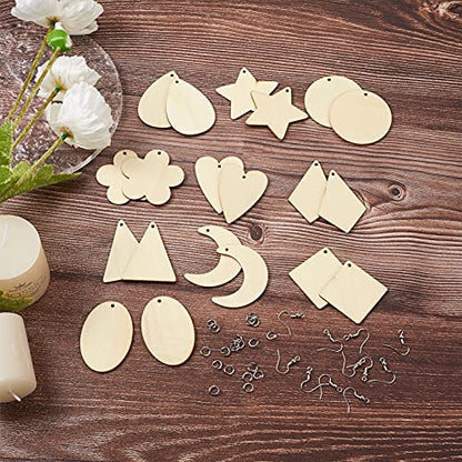 Craftdady 100pcs Unfinished Wooden Earring Blanks Rhombus Teardrop Oval Triangle Circle Flower Pendants Charms with 100pcs Earring Hooks & Jump Rings