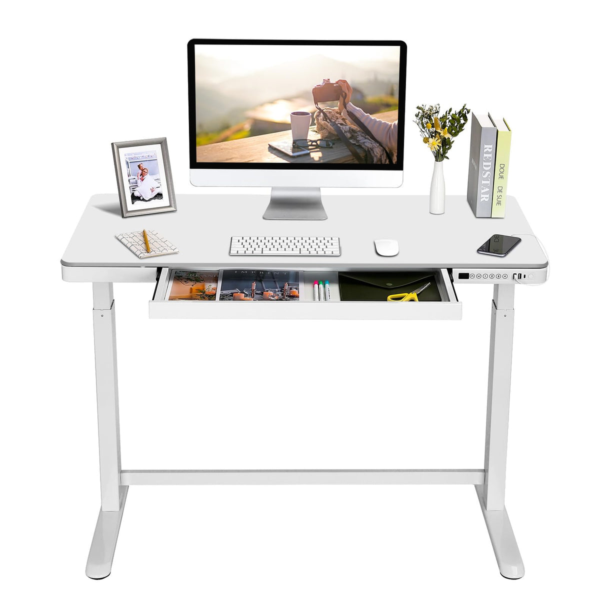 SANODESK Standing Desk with Drawer, Electric Height Adjustable Home Office Desk with Storage & USB Ports, 48 inch White Wood Tabletop/White Frame SANODESK