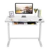 SANODESK Standing Desk with Drawer, Electric Height Adjustable Home Office Desk with Storage & USB Ports, 48 inch White Wood Tabletop/White Frame SANODESK