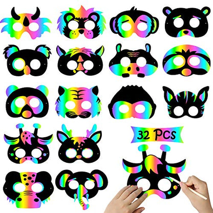 WATINC 32Pcs Scratch Paper Animal Masks, DIY Rainbow Color Mask for Magic Scratch Party Favors, Birthday Gifts Pack for Children, DIY Art Craft Kit